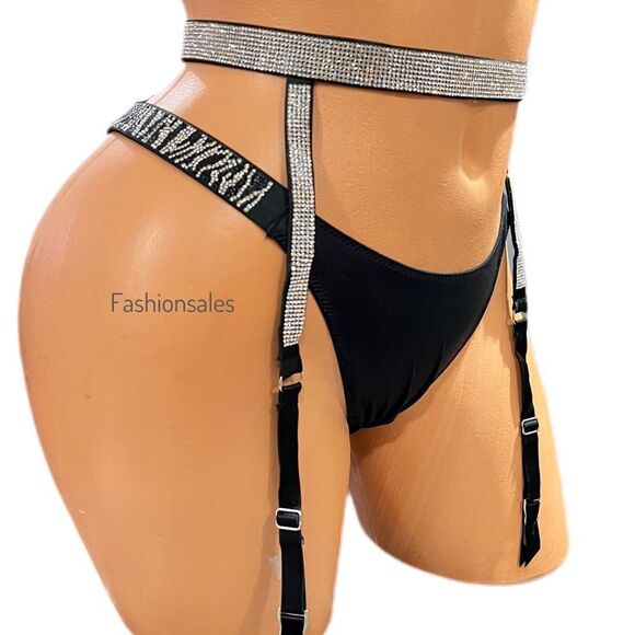 Victorias Secret Rhinestones Shine strap garter belt & panty set black zebra S - Picture 2 of 5